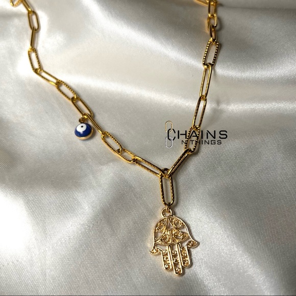 Hand & Eye Necklace & Bracelet SET Stainless steel gold plated paperclip chains - Picture 2 of 4